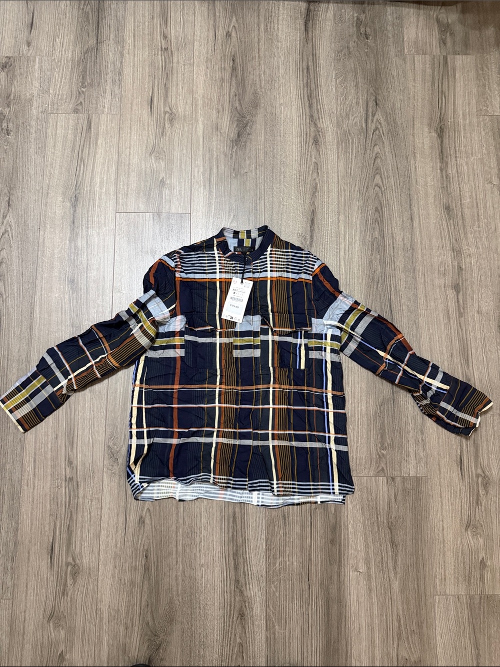 Zara Navy Plaid Button-Down Shirt with Orange and White Stripes